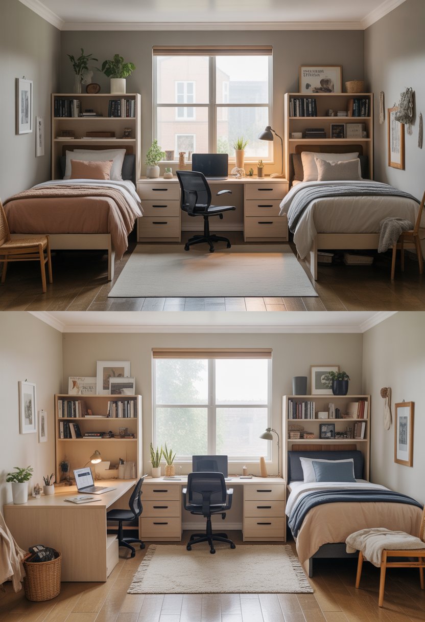 A dorm room arranged for two people with two beds, desks, chairs, bookshelves, and natural light coming through windows.