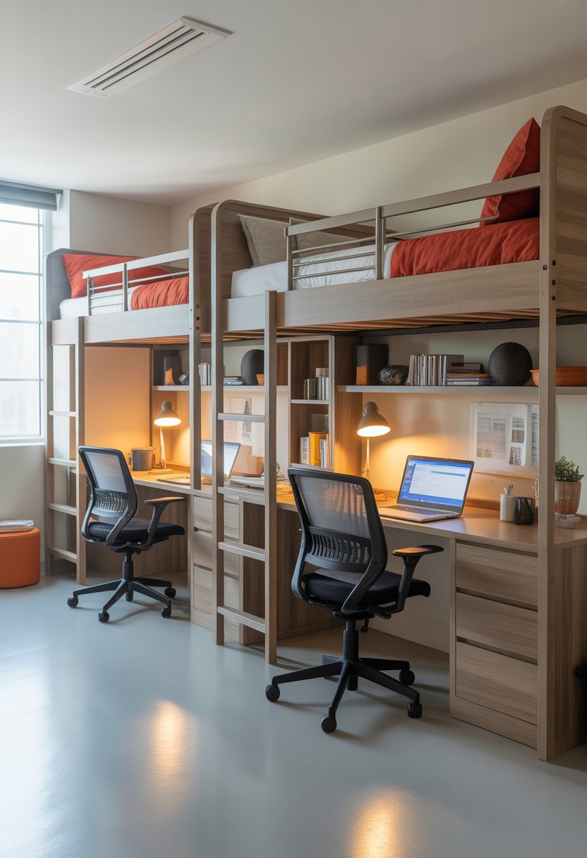 A dorm room setup with two lofted beds and desks underneath, arranged to maximize floor space for two people.