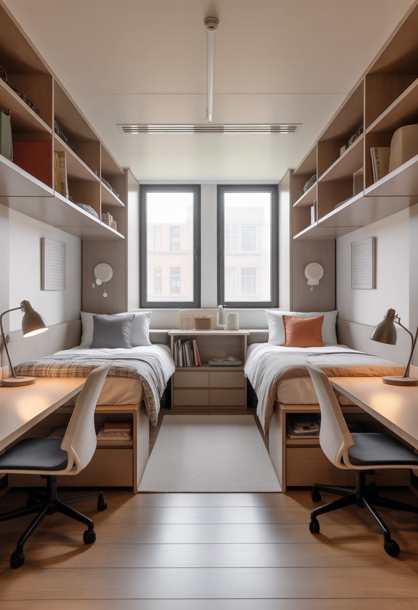 A dorm room with two single beds placed on opposite walls, each with a study desk and chair, separated to create personal areas.