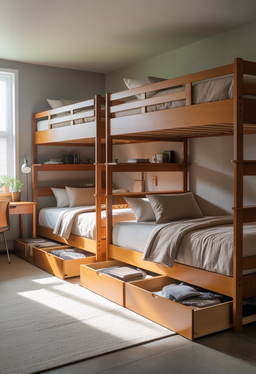 A dorm room set up for two with bunk beds that have built-in storage drawers underneath, showing a tidy and organized living space.