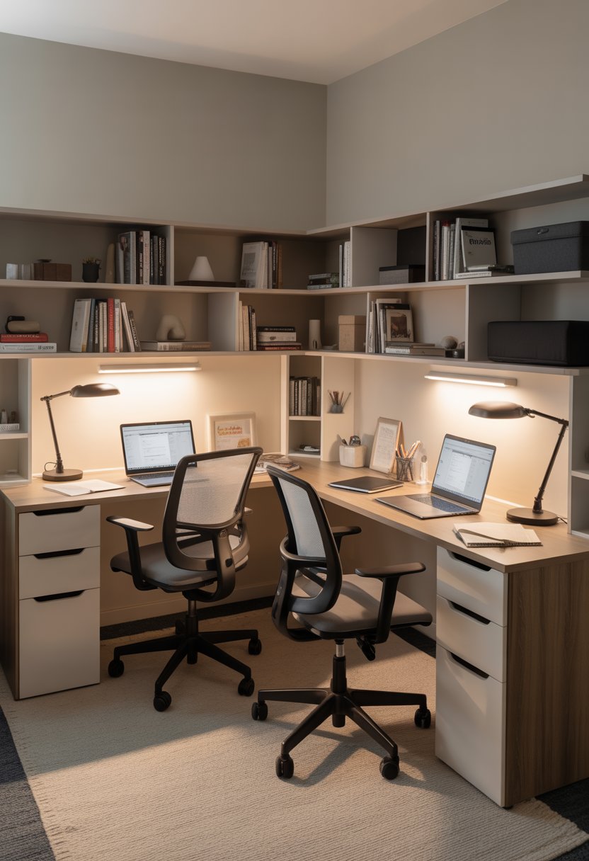Dorm room with an L-shaped desk setup for two people, each with a chair, laptops, and study materials arranged in a shared study space.