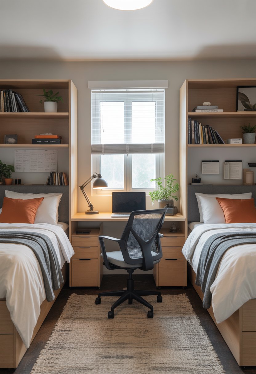 A dorm room set up for two students with room dividers creating private corners, each with a bed, desk, and personal items.