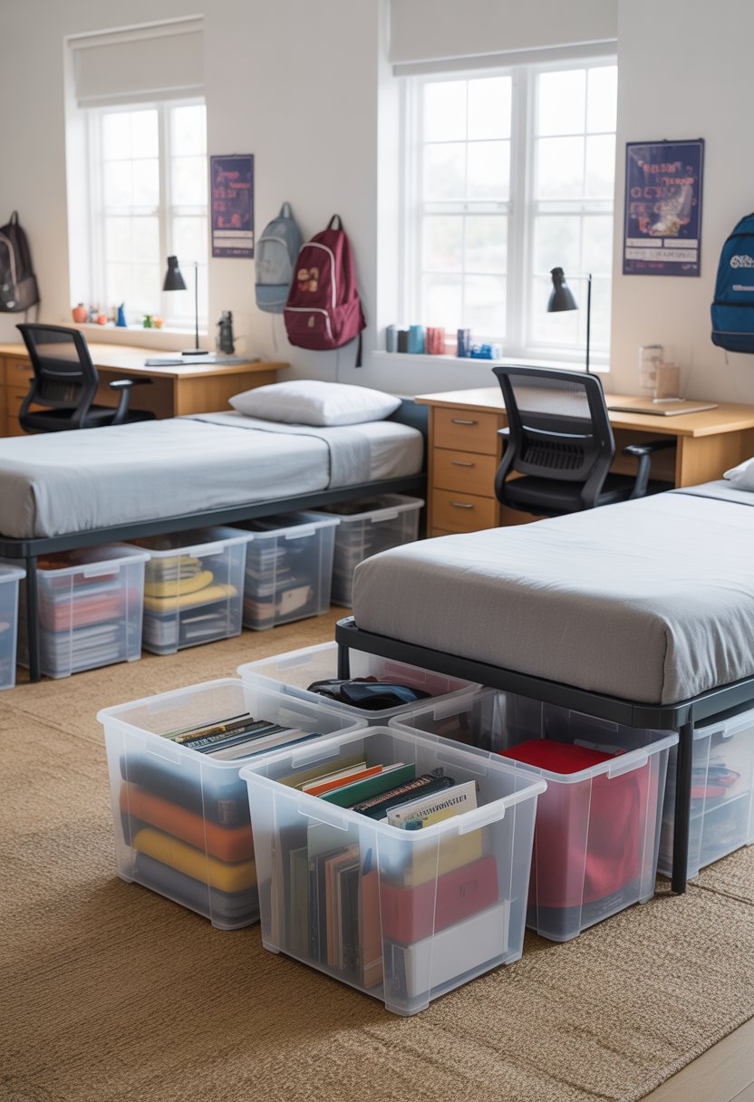A dorm room for two with two beds elevated to show clear under-bed storage bins and organized study areas.