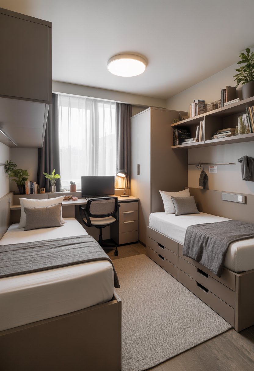 A shared dorm room with two beds, desks, shelves, and storage arranged to maximize space for two students.