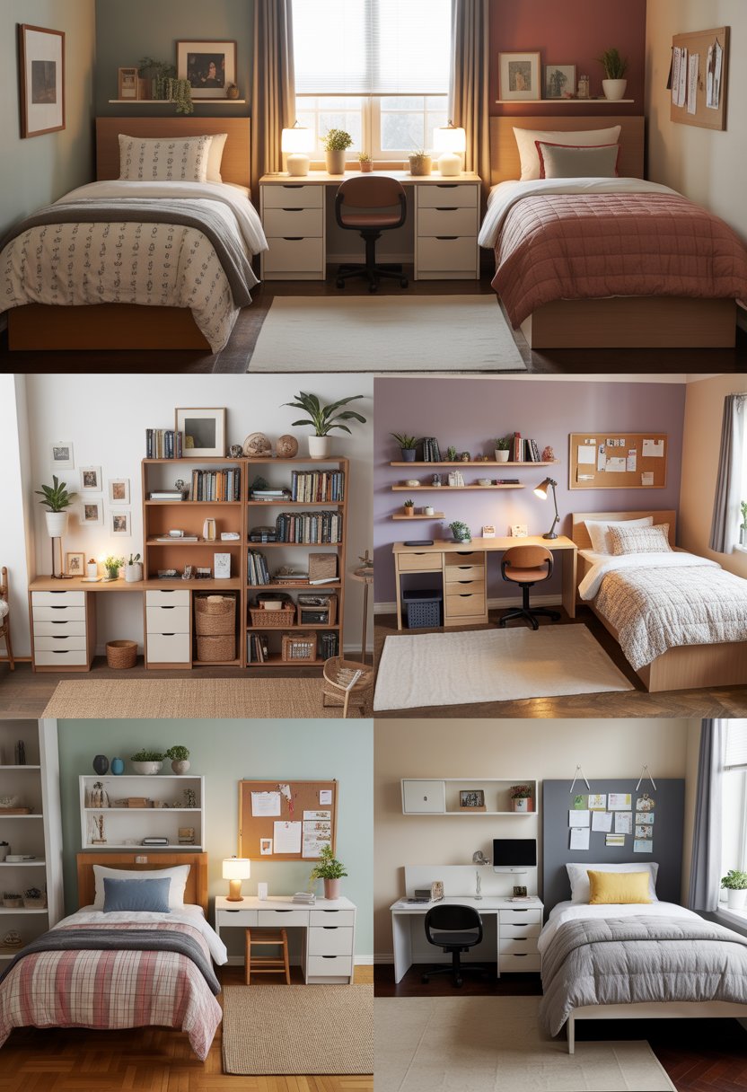 A dorm room arranged for two people with two beds, desks, shelves, and personalized decor in a clean and organized space.
