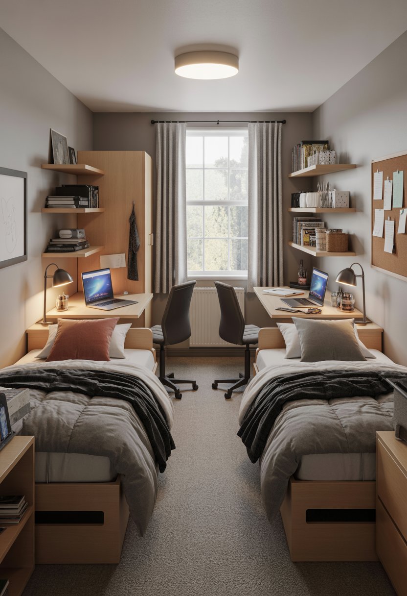 A dorm room set up for two students with two beds, desks, storage, and natural light from a window.