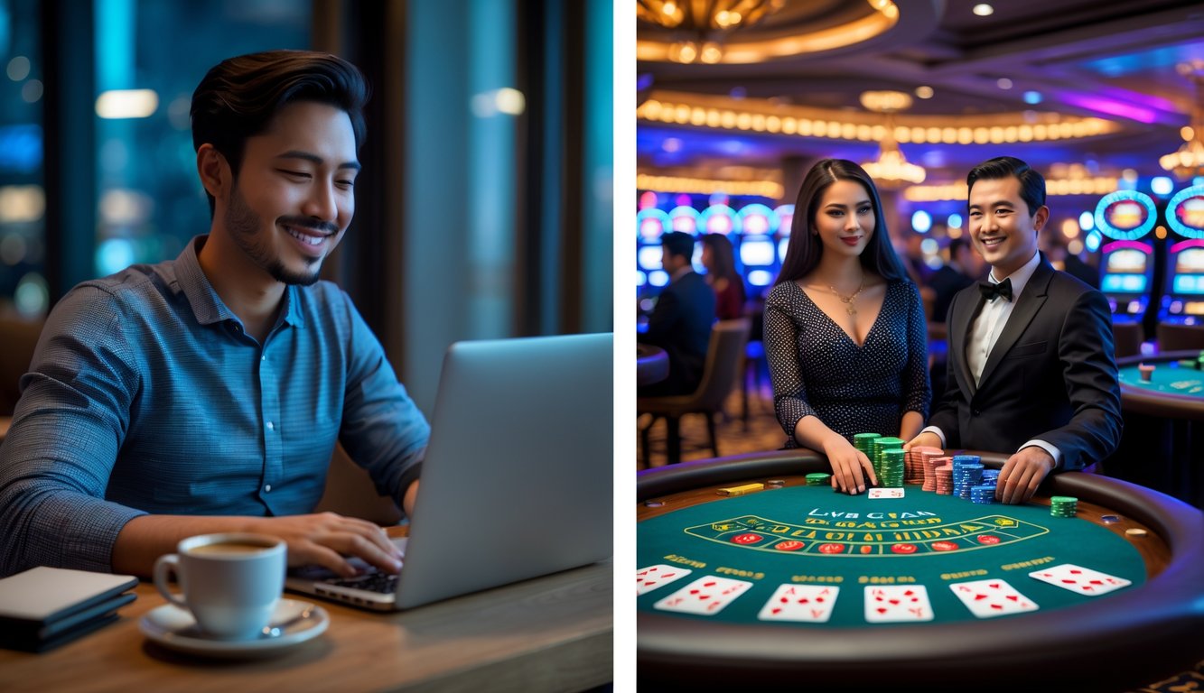Seseorang bermain blackjack online di laptop di rumah yang nyaman dan suasana kasino tradisional dengan meja blackjack dan dealer.