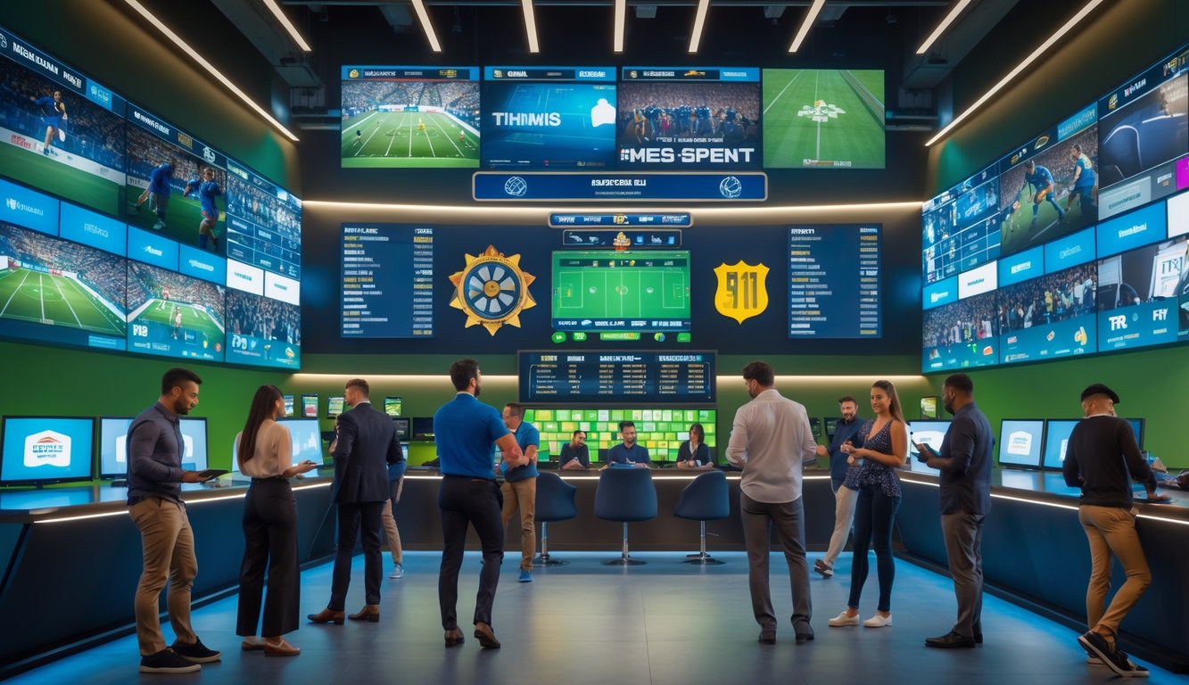 Orang-orang sedang melihat layar besar yang menampilkan pertandingan olahraga dan statistik taruhan di ruang sportsbook modern.
