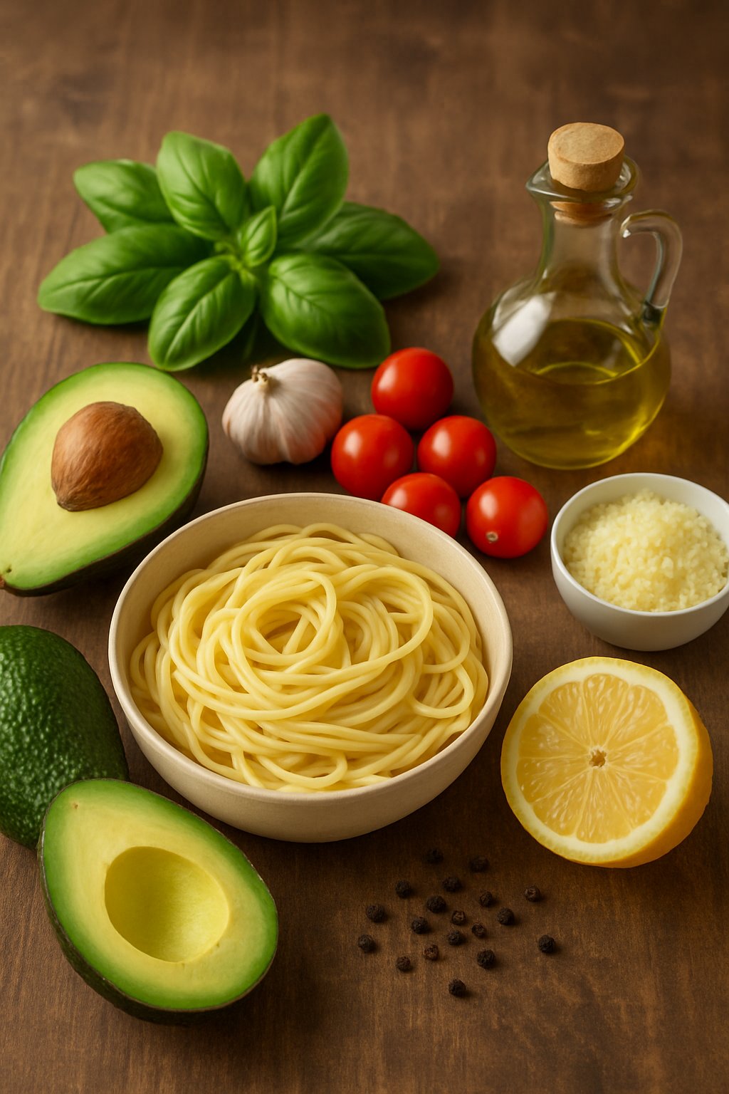 Fresh ingredients including avocados, cooked spaghetti, basil, garlic, cherry tomatoes, Parmesan cheese, lemon, and olive oil arranged on a wooden table.