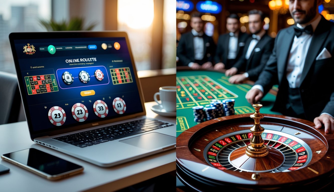 Seorang pemain menggunakan laptop untuk bermain roulette online di rumah, dengan meja roulette dan pemain lain di kasino tradisional di sebelahnya.