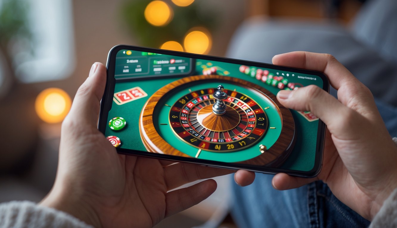Seseorang memegang ponsel Android yang menampilkan permainan roulette online dengan latar belakang ruangan yang nyaman.