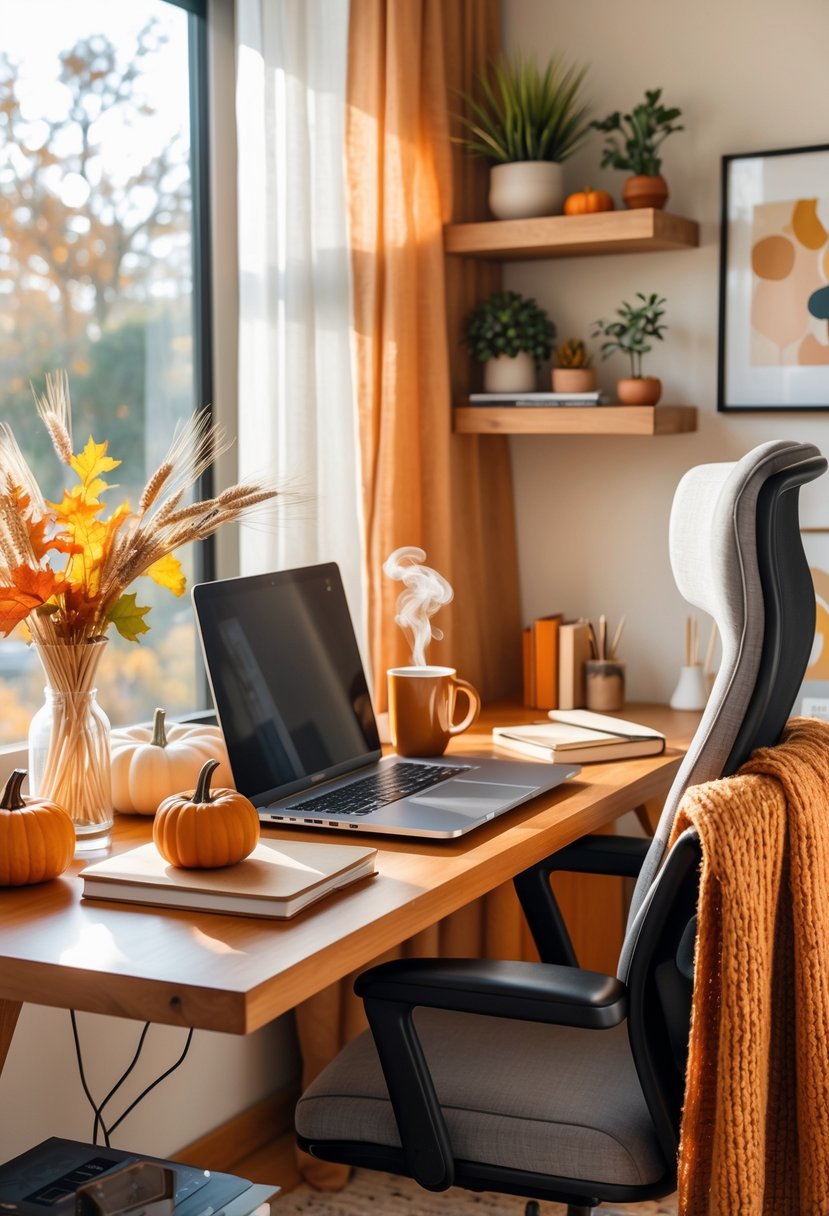A home office desk with a laptop, coffee mug, and fall decorations like pumpkins and dried leaves near a window with natural light.