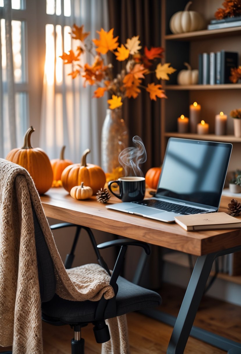 A home office desk with autumn decorations, a laptop, a mug, and a cozy chair near a window.