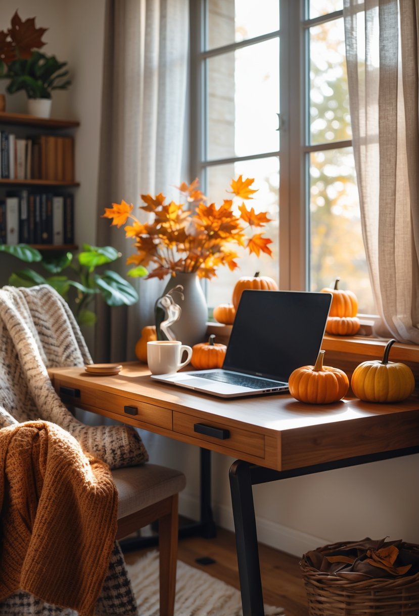 A cozy home office decorated with autumn leaves, pumpkins, a laptop on a wooden desk, and warm natural light coming through a window.