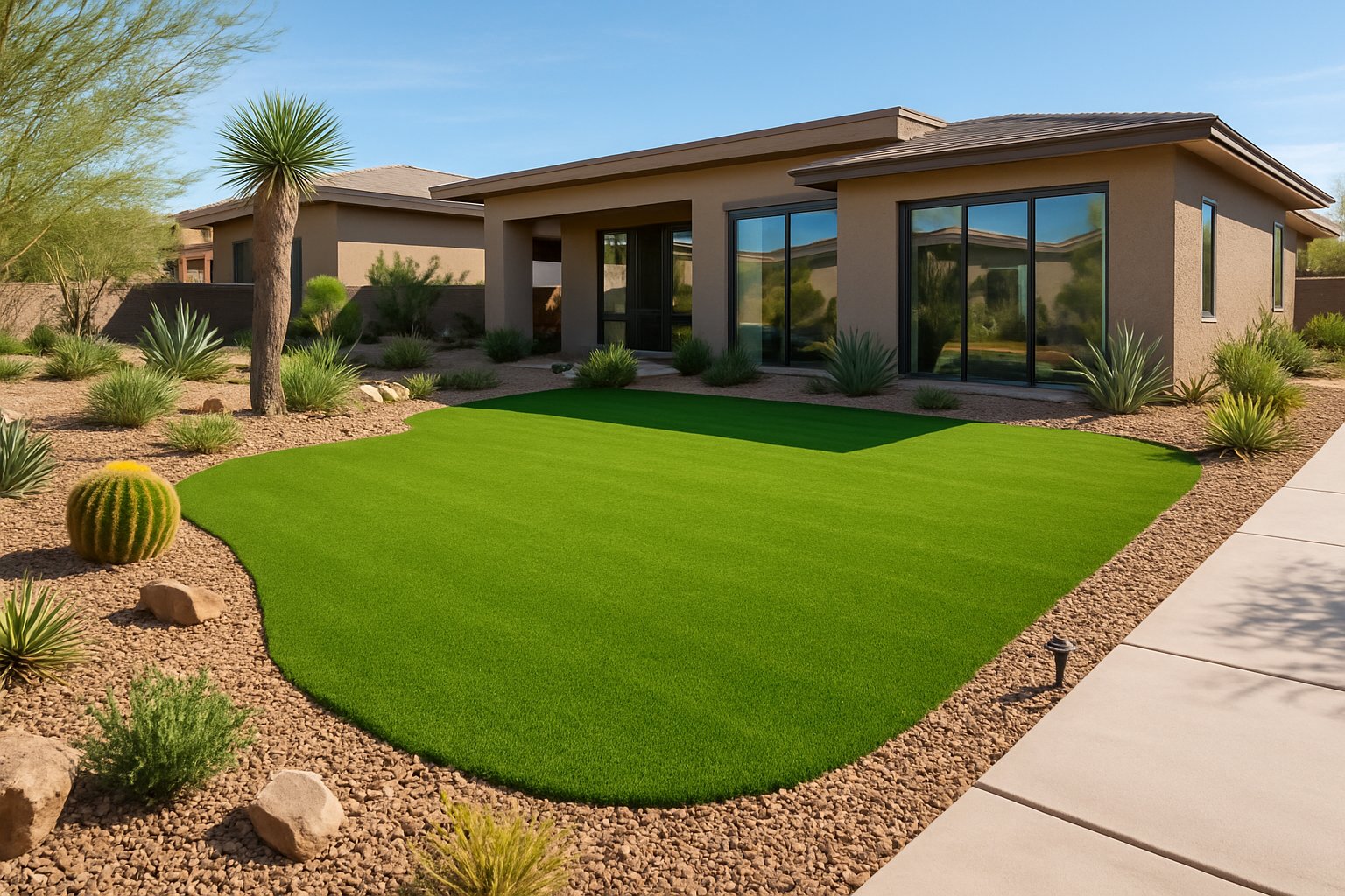 A Las Vegas backyard with green artificial turf, desert plants, and a modern house under a clear blue sky.