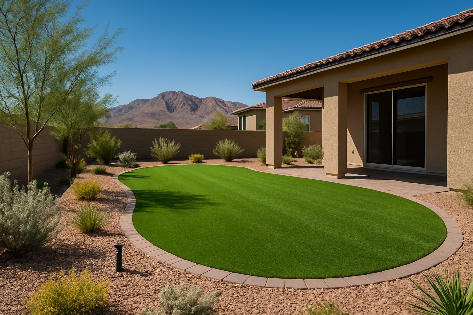 A backyard in Las Vegas with artificial green turf, desert plants, and mountains in the background under a clear blue sky.