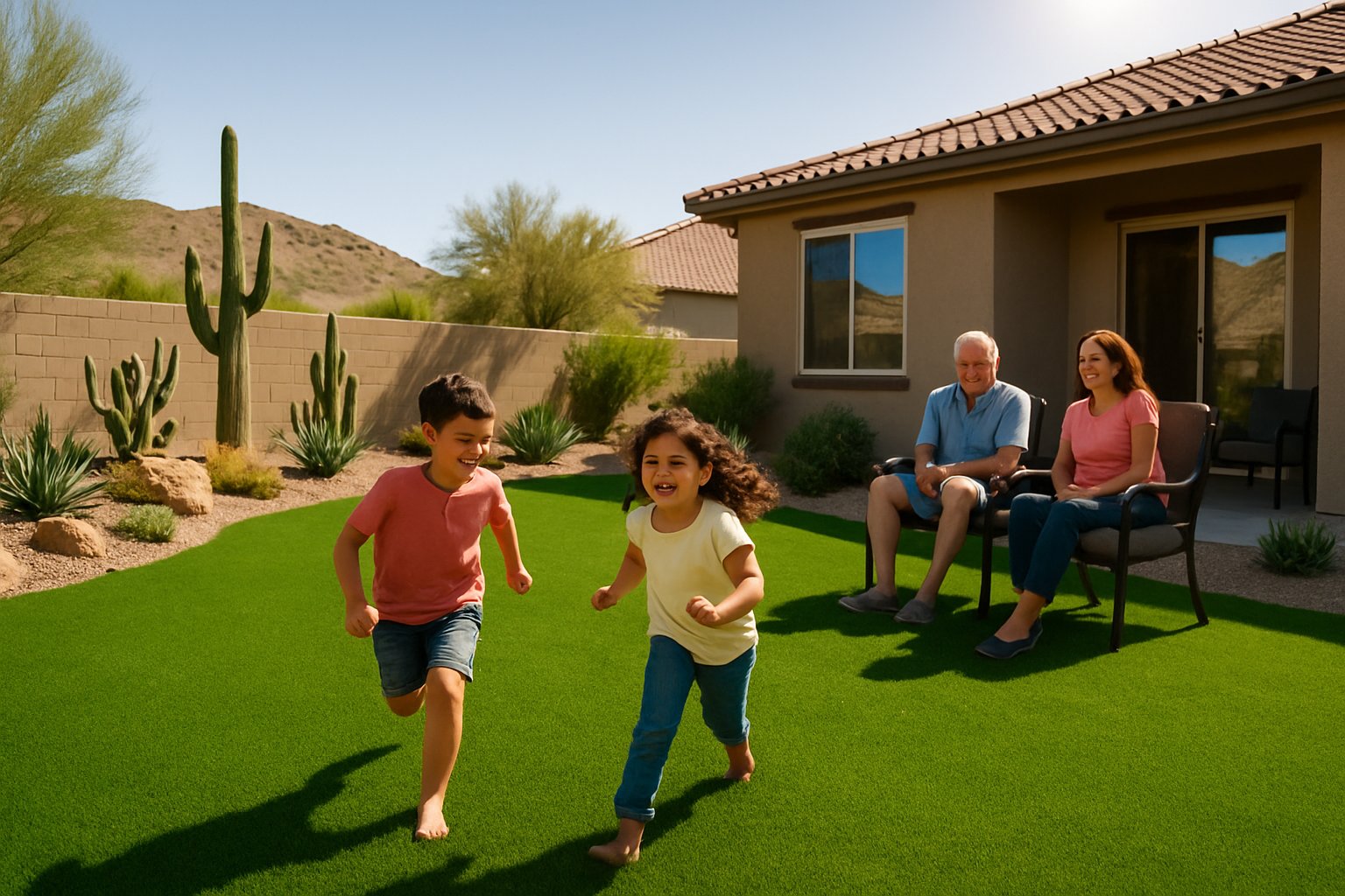 A family enjoying a green artificial turf lawn in a Las Vegas backyard surrounded by desert plants and rocks.