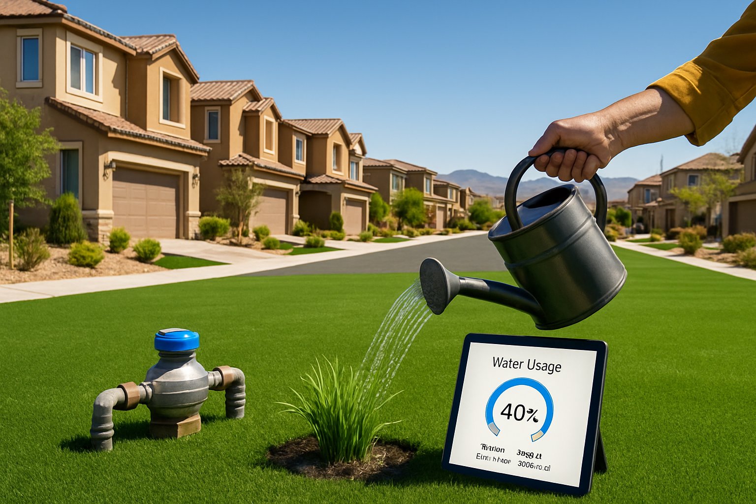 A suburban Las Vegas neighborhood with homes featuring green artificial turf lawns and a homeowner watering a small patch of real grass.