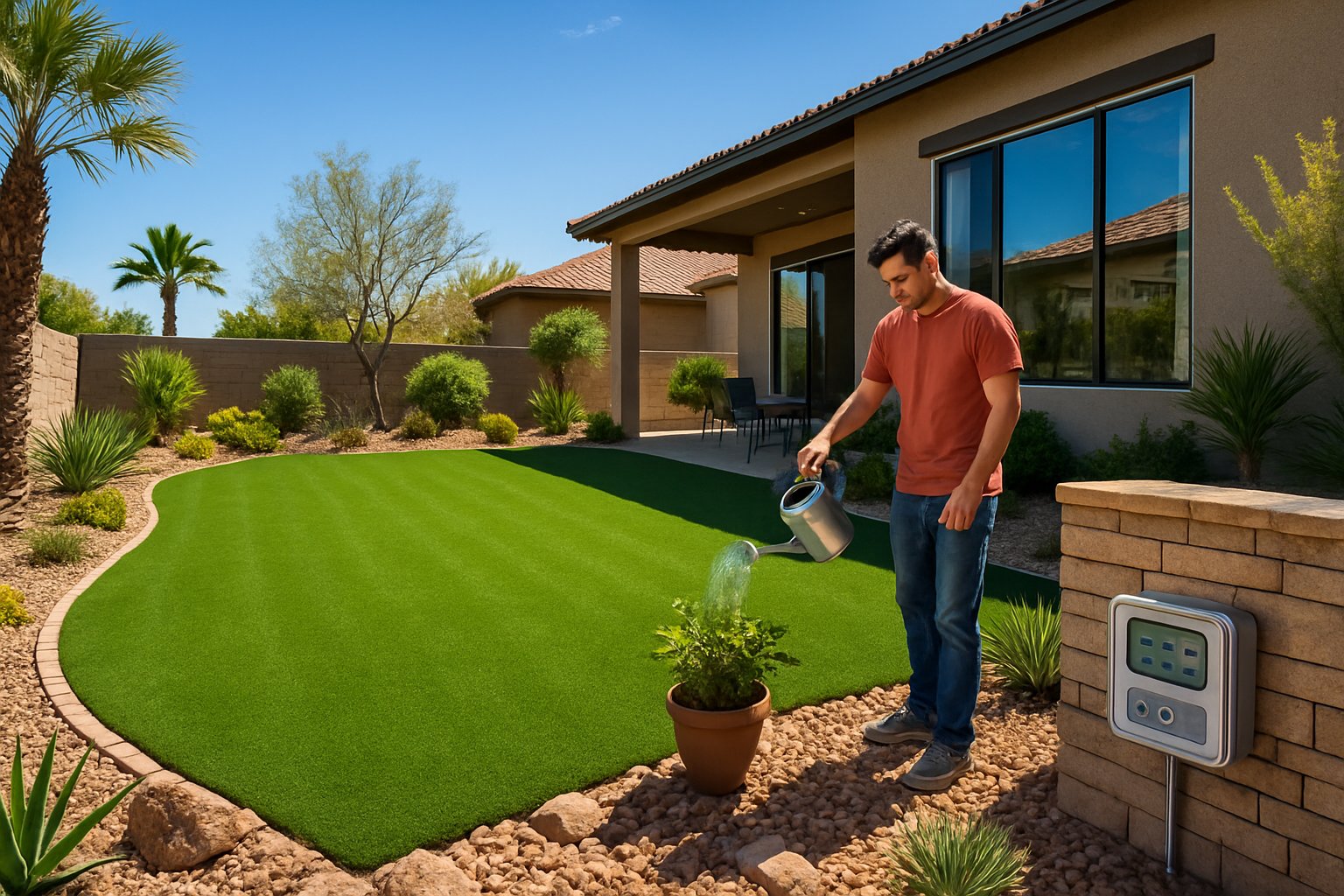 A sunny backyard in Las Vegas with a green synthetic lawn, desert plants, and a homeowner watering a small plant near a modern house.