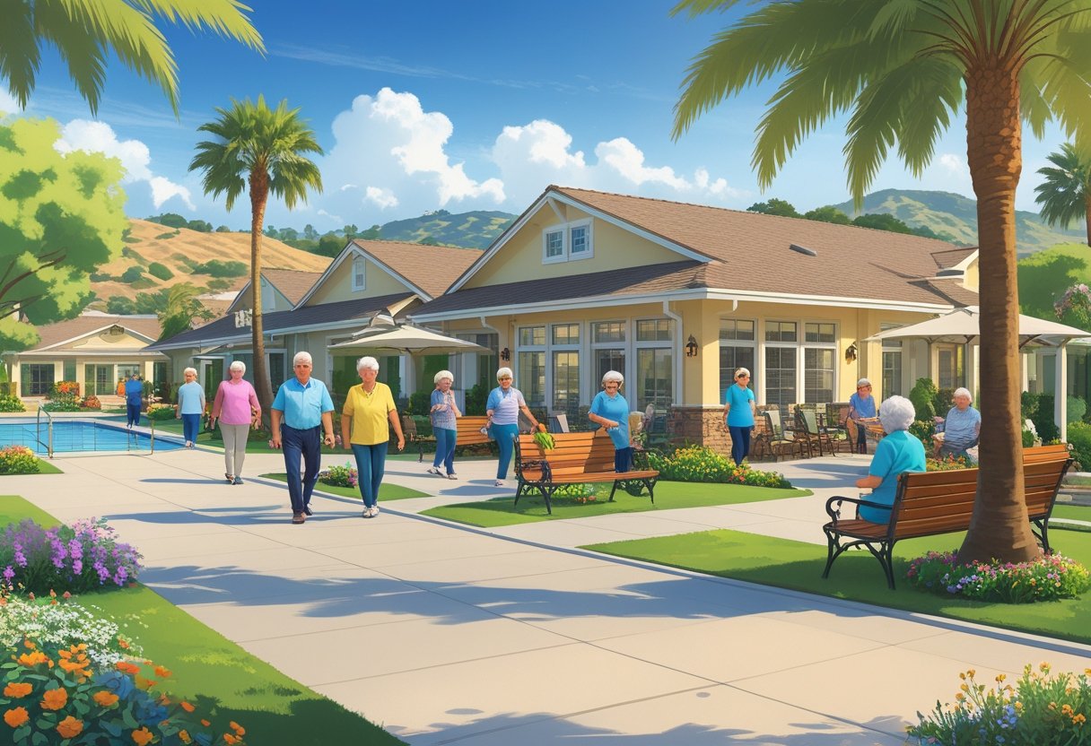 Why you should consider 55‑plus communities in southern california: top advantages & lifestyle insights A sunny southern california neighborhood with seniors walking, socializing, and enjoying outdoor amenities like a pool and tennis courts surrounded by palm trees and hills.