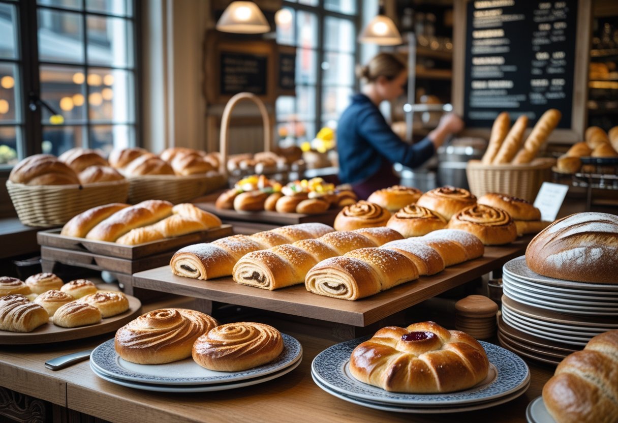 A cozy bakery display in Copenhagen with various traditional Danish pastries and breads arranged on wooden trays and plates.