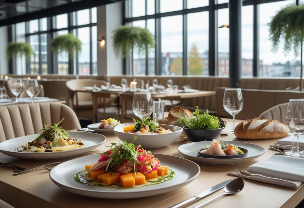A table set with traditional Danish open-faced sandwiches, fresh seafood, and bread in a modern Scandinavian restaurant with natural light and wooden furniture.