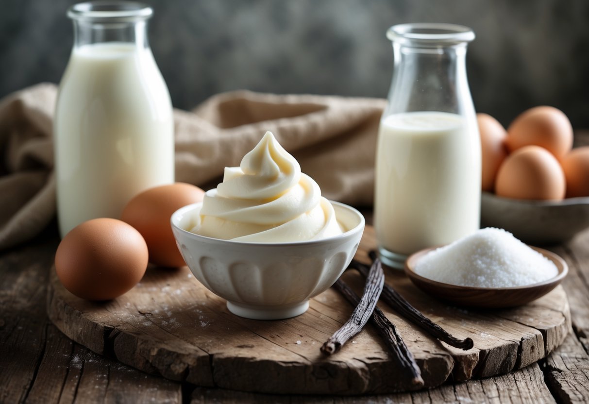 A bowl of white Fior di Latte gelato surrounded by milk, sugar, vanilla beans, and eggs on a wooden table.