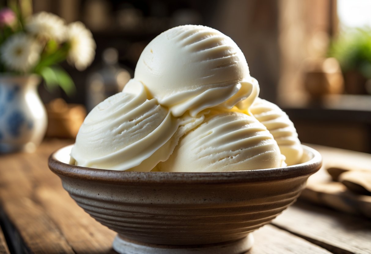 Close-up of creamy white gelato served in a ceramic bowl on a wooden table with a blurred rustic kitchen background.