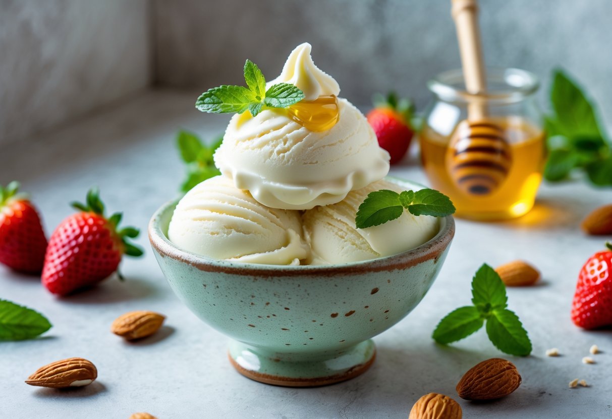 A bowl of creamy white Fior di Latte gelato garnished with mint, surrounded by strawberries, almonds, and honey on a kitchen countertop.