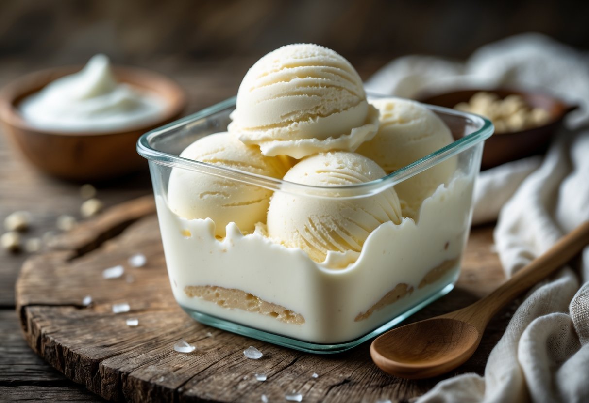 A clear glass container of creamy white Fior di Latte gelato on a wooden table with a wooden spoon and fresh milk nearby.