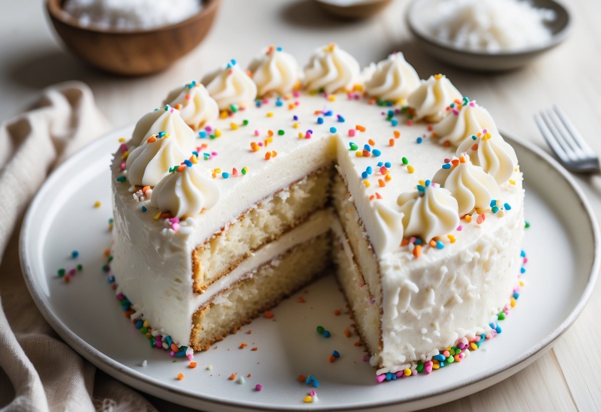 A sliced coconut cake with white frosting and colorful sprinkles on a white plate on a wooden table.