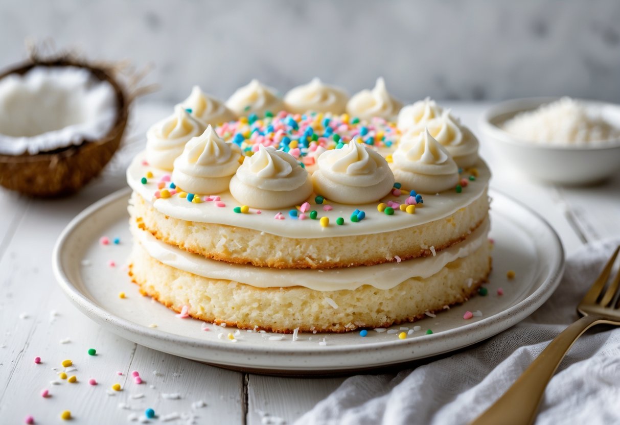 A coconut cake with white frosting and colorful sprinkles on a white plate with a fork beside it.