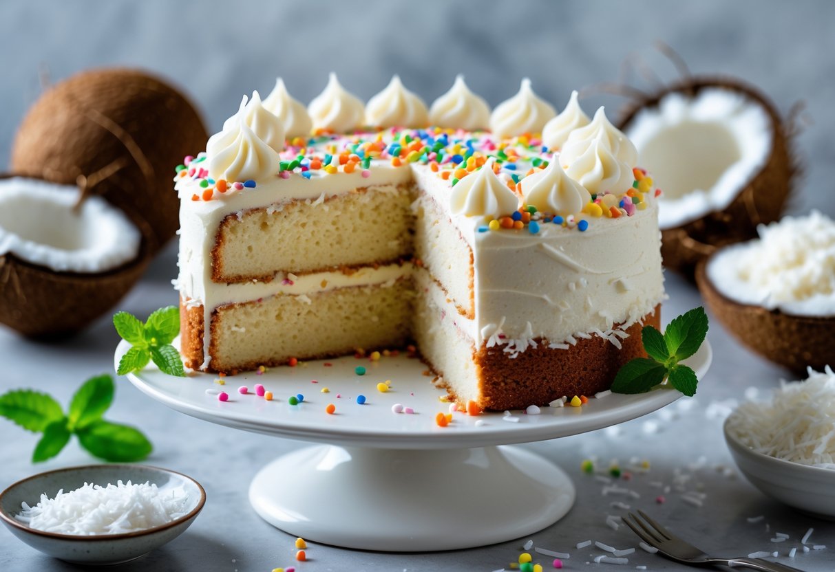 A sliced coconut cake with white frosting and colorful sprinkles on a cake stand, surrounded by fresh coconut and shredded coconut.