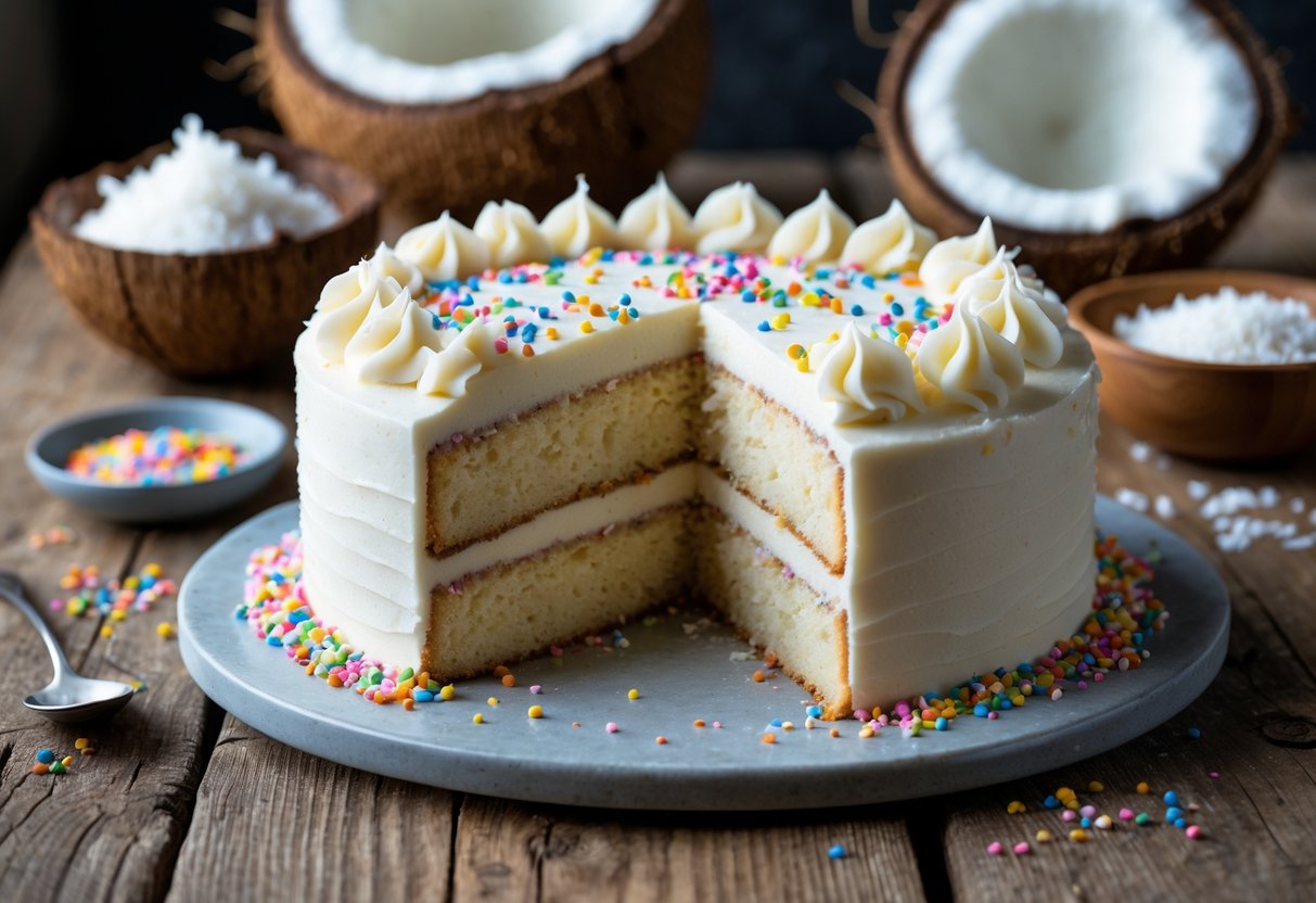 A sliced coconut cake with white frosting and colorful sprinkles on a wooden table, surrounded by fresh coconut pieces.