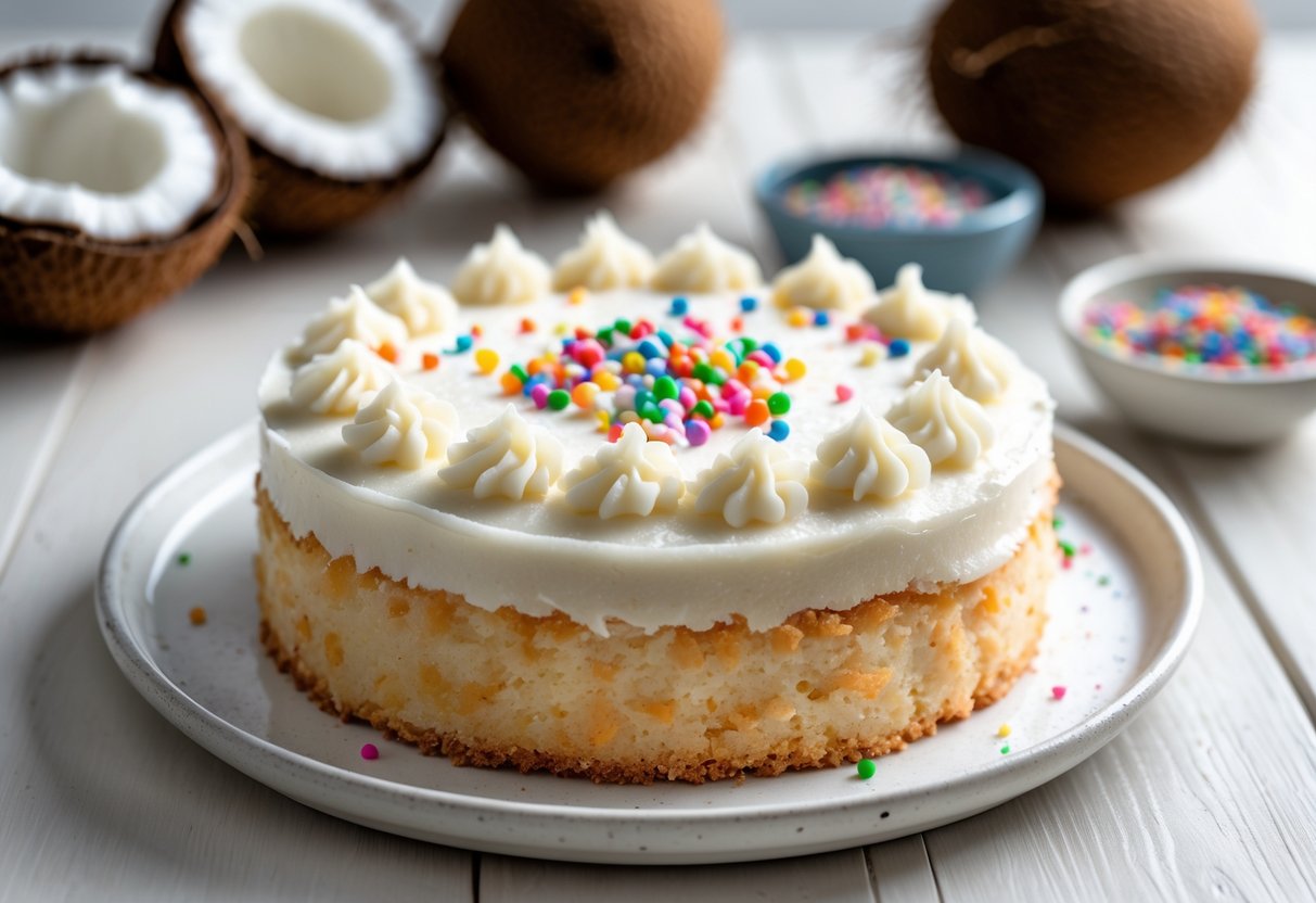 A coconut cake with sugar-free frosting and colorful sprinkles on a white plate on a wooden table.