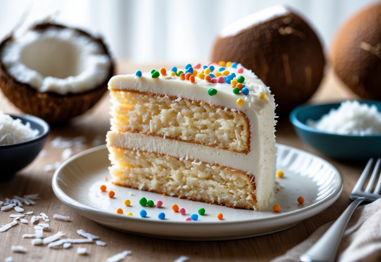 A slice of coconut cake with sugar-free frosting and sprinkles on a plate, surrounded by fresh coconut and shredded coconut.