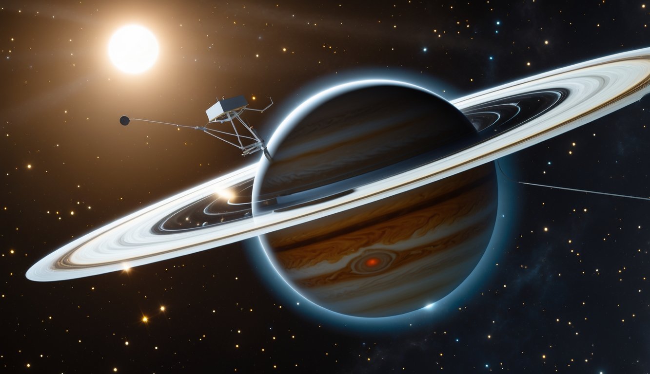 Pesawat luar angkasa NASA mengorbit planet Jupiter dengan awan berputar dan Bintik Merah Besar yang terlihat jelas.