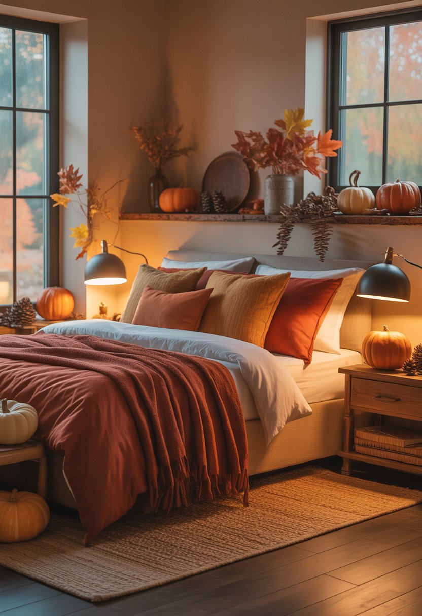 28 Fall Bedroom Decor Ideas 2025: Fresh Seasonal Styles for a Cozy Retreat 2 A bedroom decorated with fall-themed items including pumpkins, warm blankets, and autumn-colored pillows, with soft lighting and a view of fall trees outside the window.