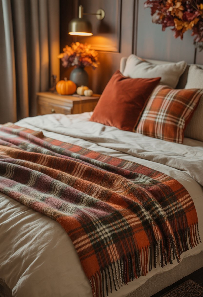 28 Fall Bedroom Decor Ideas 2025: Fresh Seasonal Styles for a Cozy Retreat 3 A bedroom with a neatly made bed layered with plaid blankets in autumn colors and fall-themed decorations on a nightstand.