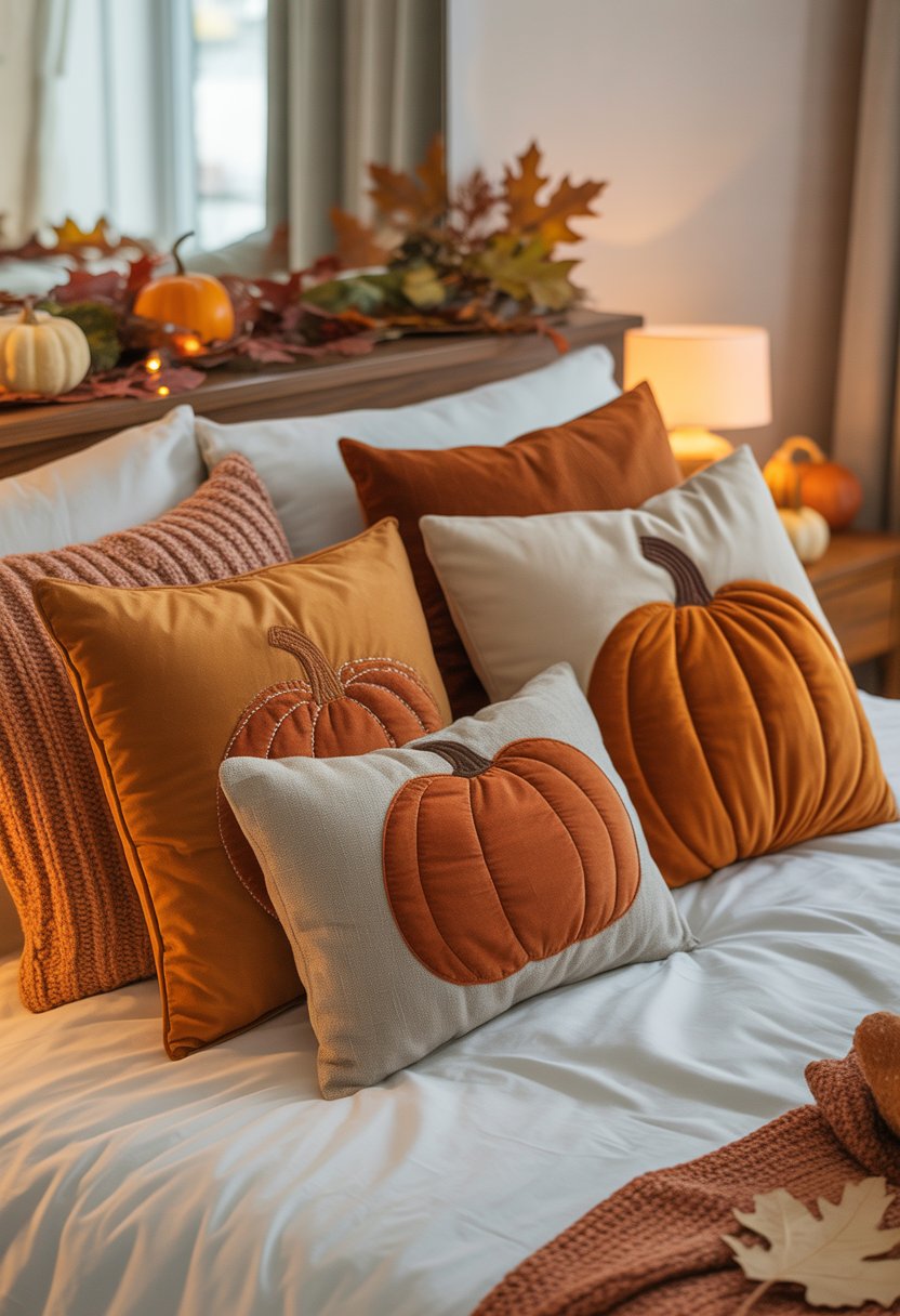 28 Fall Bedroom Decor Ideas 2025: Fresh Seasonal Styles for a Cozy Retreat 4 A bedroom with a bed decorated with pumpkin-themed throw pillows and fall decorations, bathed in warm natural light.