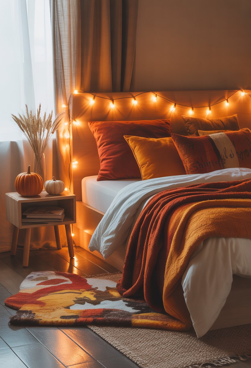 28 Fall Bedroom Decor Ideas 2025: Fresh Seasonal Styles for a Cozy Retreat 5 A cozy bedroom decorated with warm amber string lights and autumn-themed decor including blankets, pillows, and small seasonal accents.