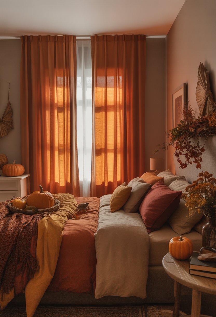 28 Fall Bedroom Decor Ideas 2025: Fresh Seasonal Styles for a Cozy Retreat 8 A bedroom with burnt orange curtains, a neatly made bed, and autumn-themed decorations including pumpkins and dried leaves.