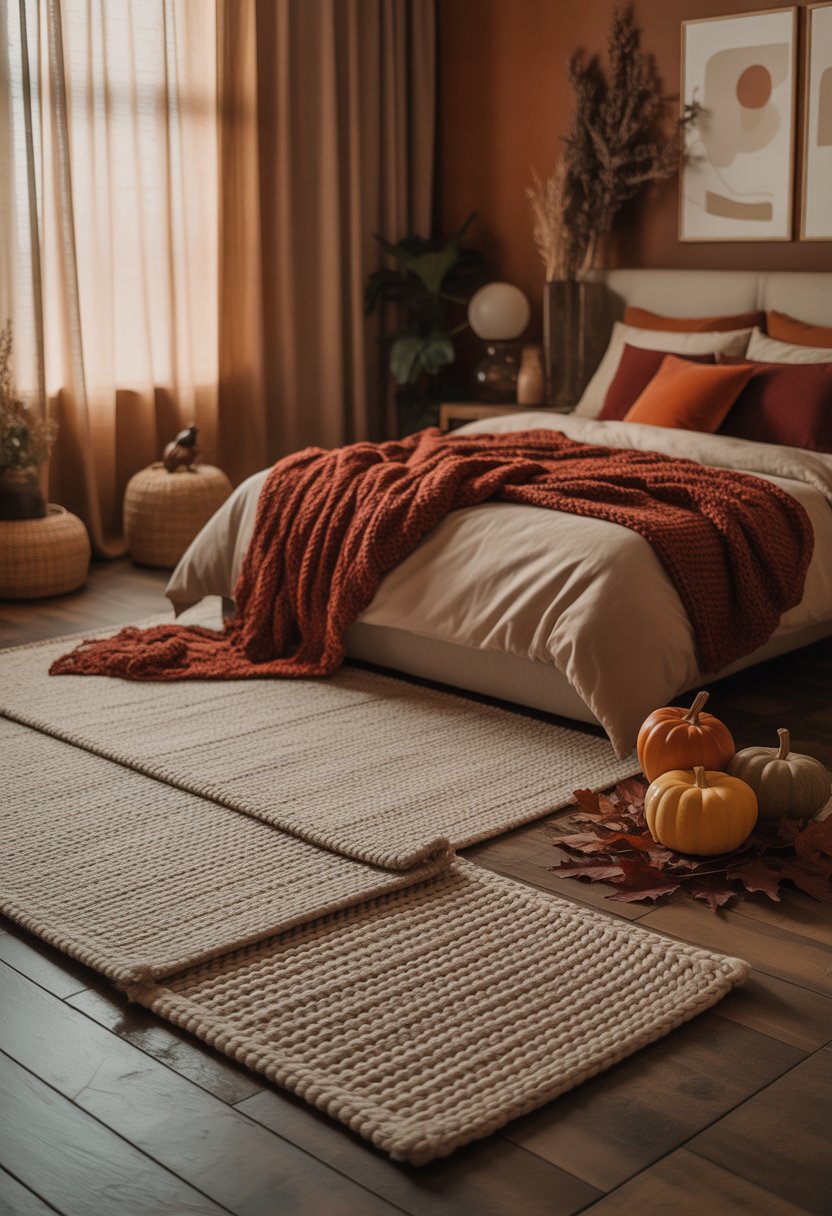 28 Fall Bedroom Decor Ideas 2025: Fresh Seasonal Styles for a Cozy Retreat 9 A bedroom with textured wool rugs on the floor, a bed with warm-colored pillows and blankets, autumn decorations, and natural light coming through the window.