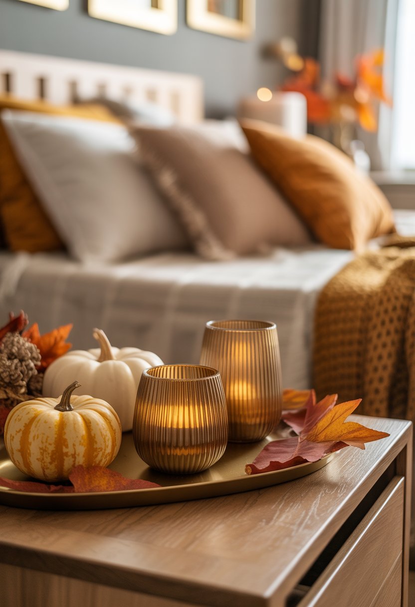 28 Fall Bedroom Decor Ideas 2025: Fresh Seasonal Styles for a Cozy Retreat 10 A cozy bedroom with metallic gold candle holders on a wooden bedside table surrounded by fall decorations including pumpkins and dried leaves.