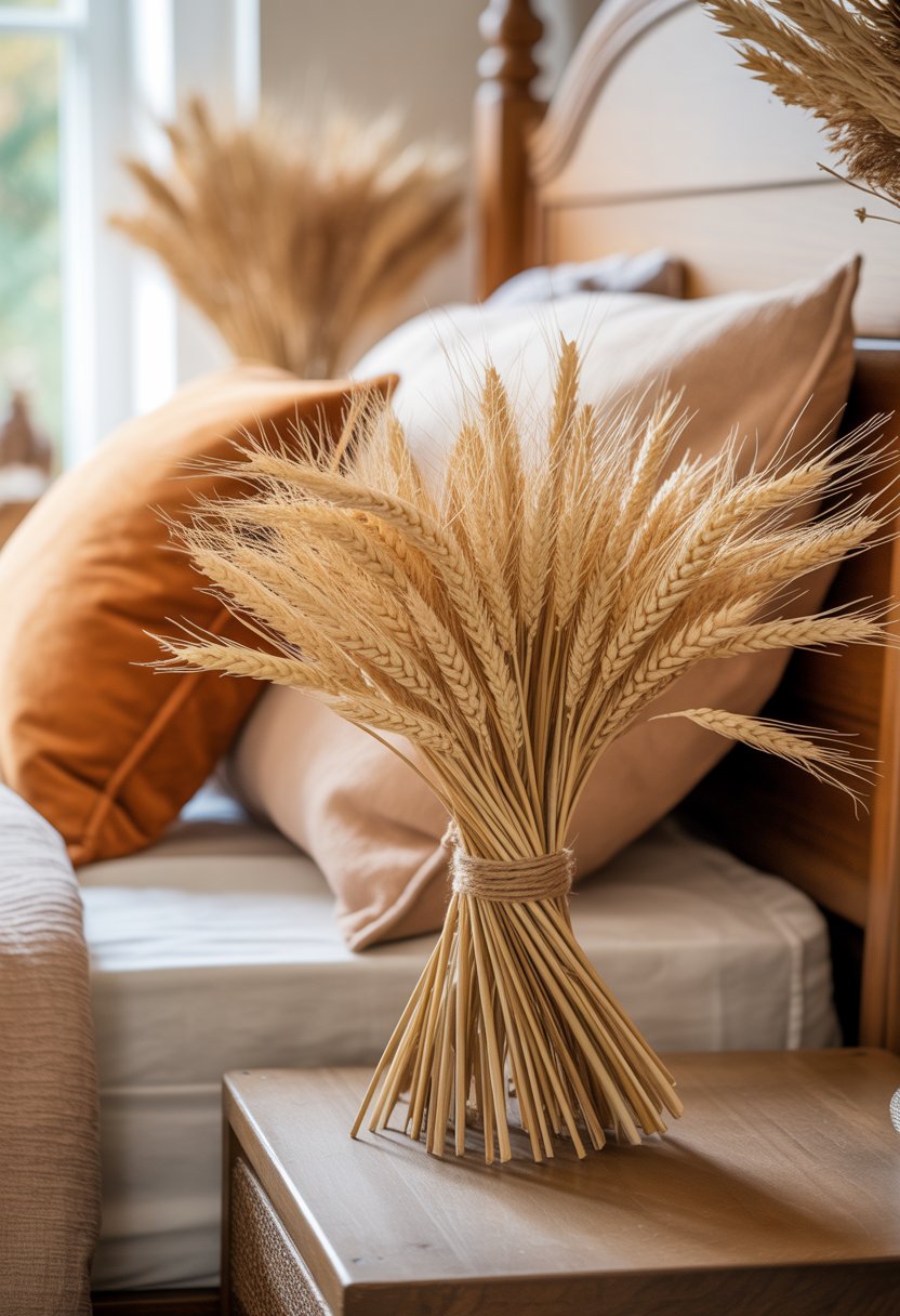 28 Fall Bedroom Decor Ideas 2025: Fresh Seasonal Styles for a Cozy Retreat 11 Dried wheat bouquets arranged on a bedside table in a cozy fall bedroom setting.