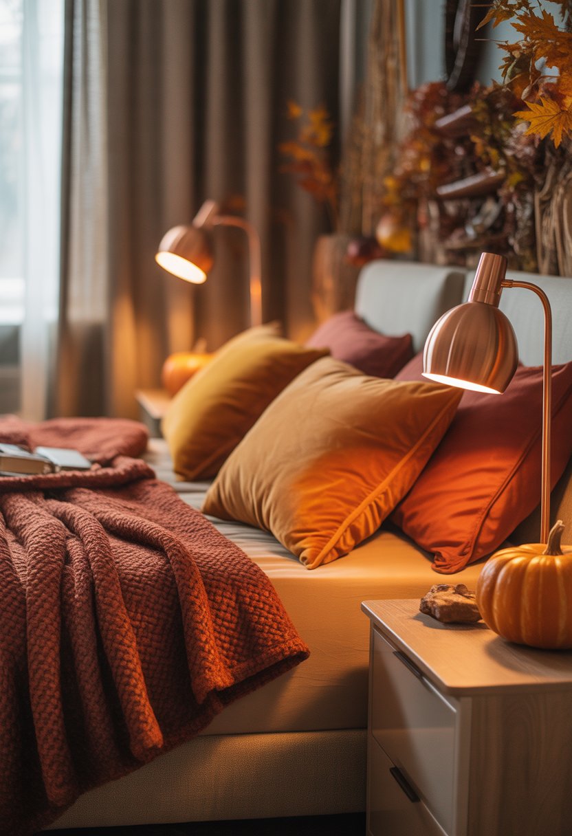 28 Fall Bedroom Decor Ideas 2025: Fresh Seasonal Styles for a Cozy Retreat 12 A bedroom with copper accent lamps on bedside tables, warm fall-colored bedding, and autumn decorations creating a cozy atmosphere.