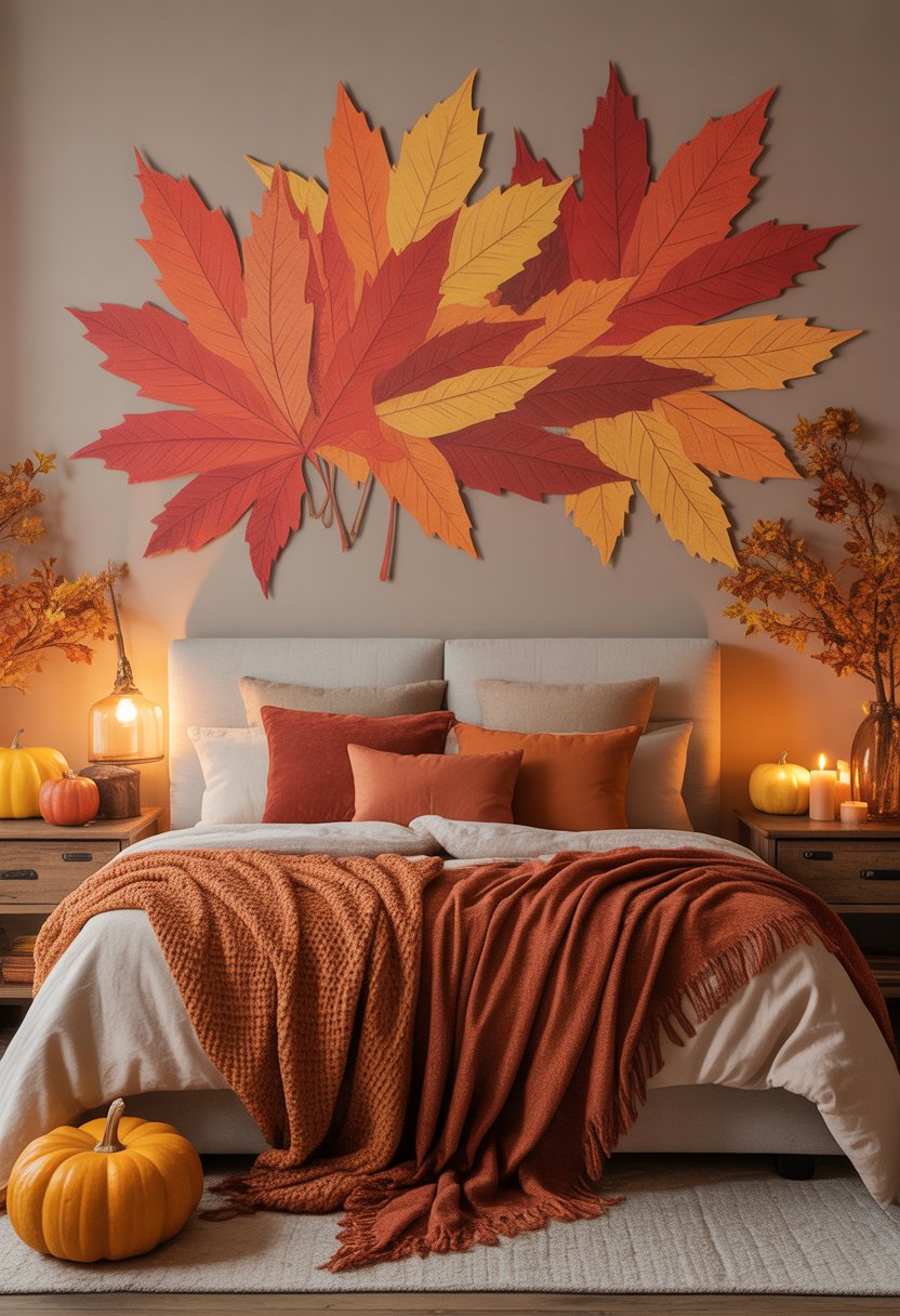 28 Fall Bedroom Decor Ideas 2025: Fresh Seasonal Styles for a Cozy Retreat 13 A bedroom with a large autumn leaf wall art above the bed and fall-themed decorations around the room.