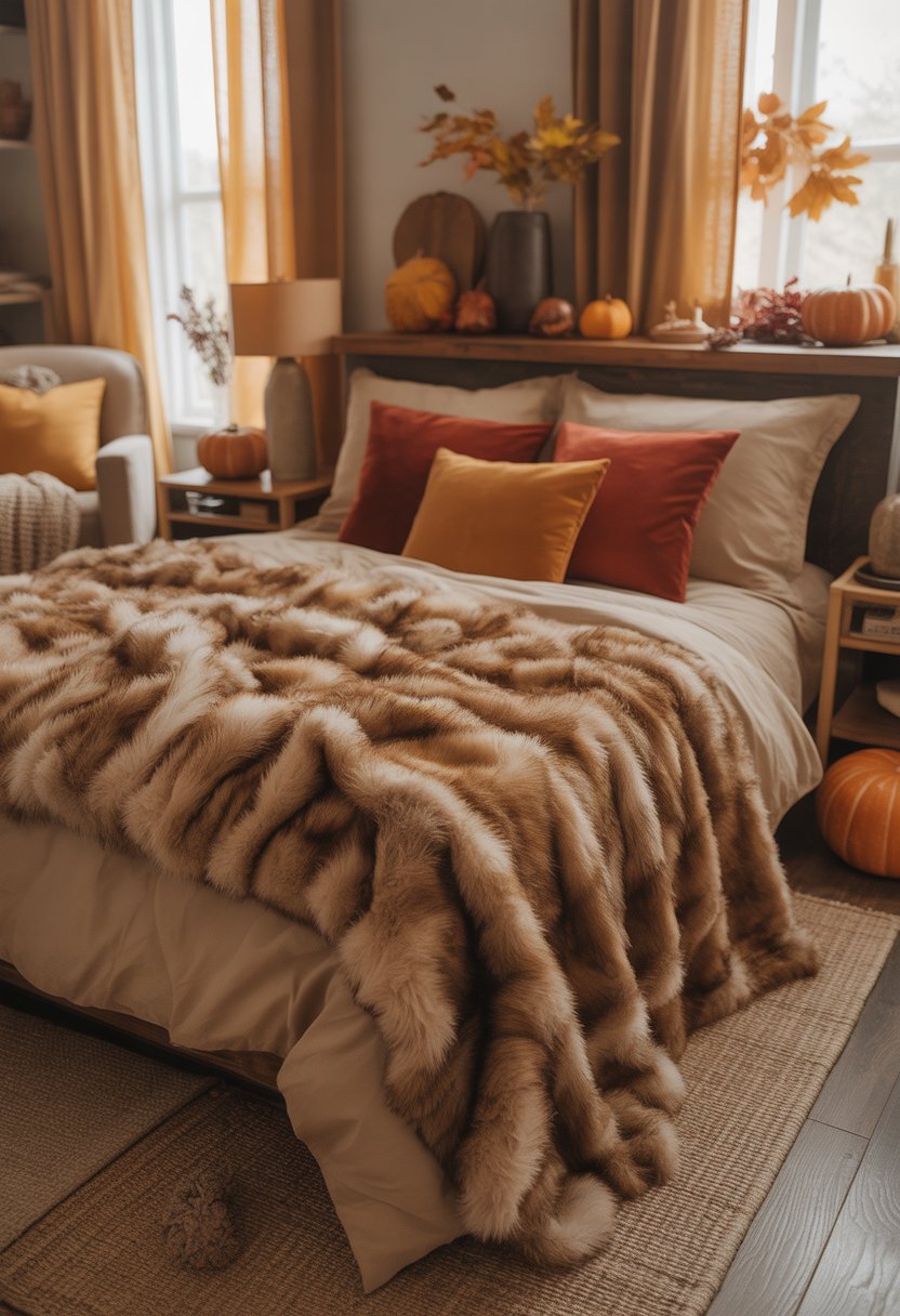 28 Fall Bedroom Decor Ideas 2025: Fresh Seasonal Styles for a Cozy Retreat 14 A cozy bedroom with a faux fur bedspread and autumn-themed decorations including pumpkins and warm-colored pillows.