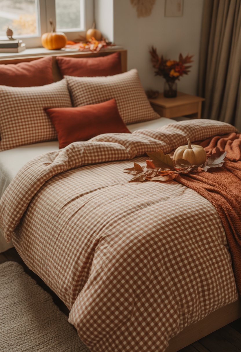 28 Fall Bedroom Decor Ideas 2025: Fresh Seasonal Styles for a Cozy Retreat 15 A neatly made bed with gingham patterned bedding in warm fall colors, surrounded by autumn decorations in a bright bedroom.