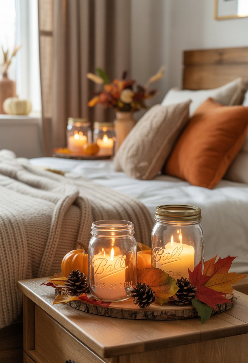 28 Fall Bedroom Decor Ideas 2025: Fresh Seasonal Styles for a Cozy Retreat 16 A bedroom decorated for fall with glowing mason jar lanterns, autumn leaves, pumpkins, and warm-toned bedding.